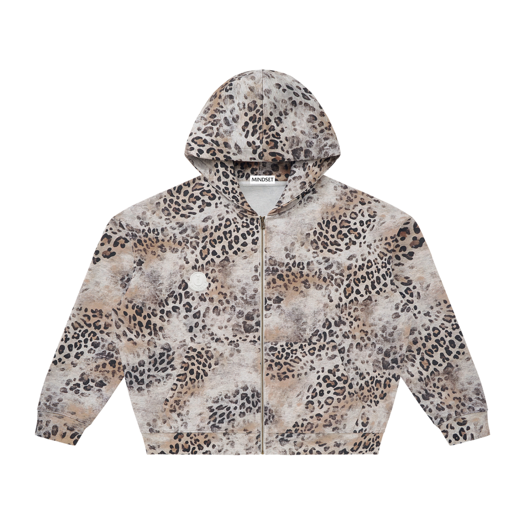 Unisex Vintage Wash Leopard Full Zip Hoodie