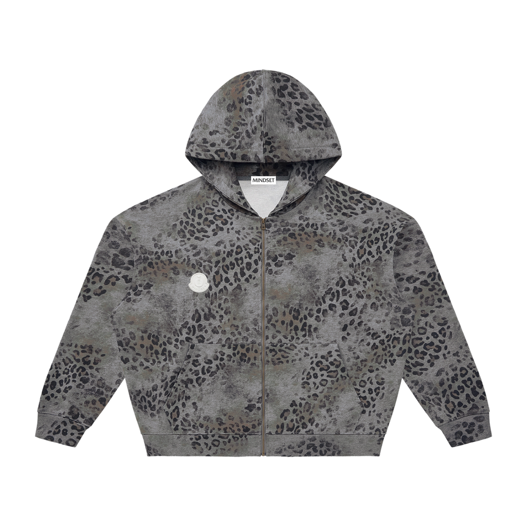 Unisex Vintage Wash Leopard Full Zip Hoodie